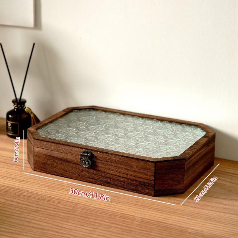 Wooden Jewellery Box Glass Flip Cover Necklaces Storage Boxes Bracelet Ring Organizer Box Large Capacity Storage Casket Jewelry
