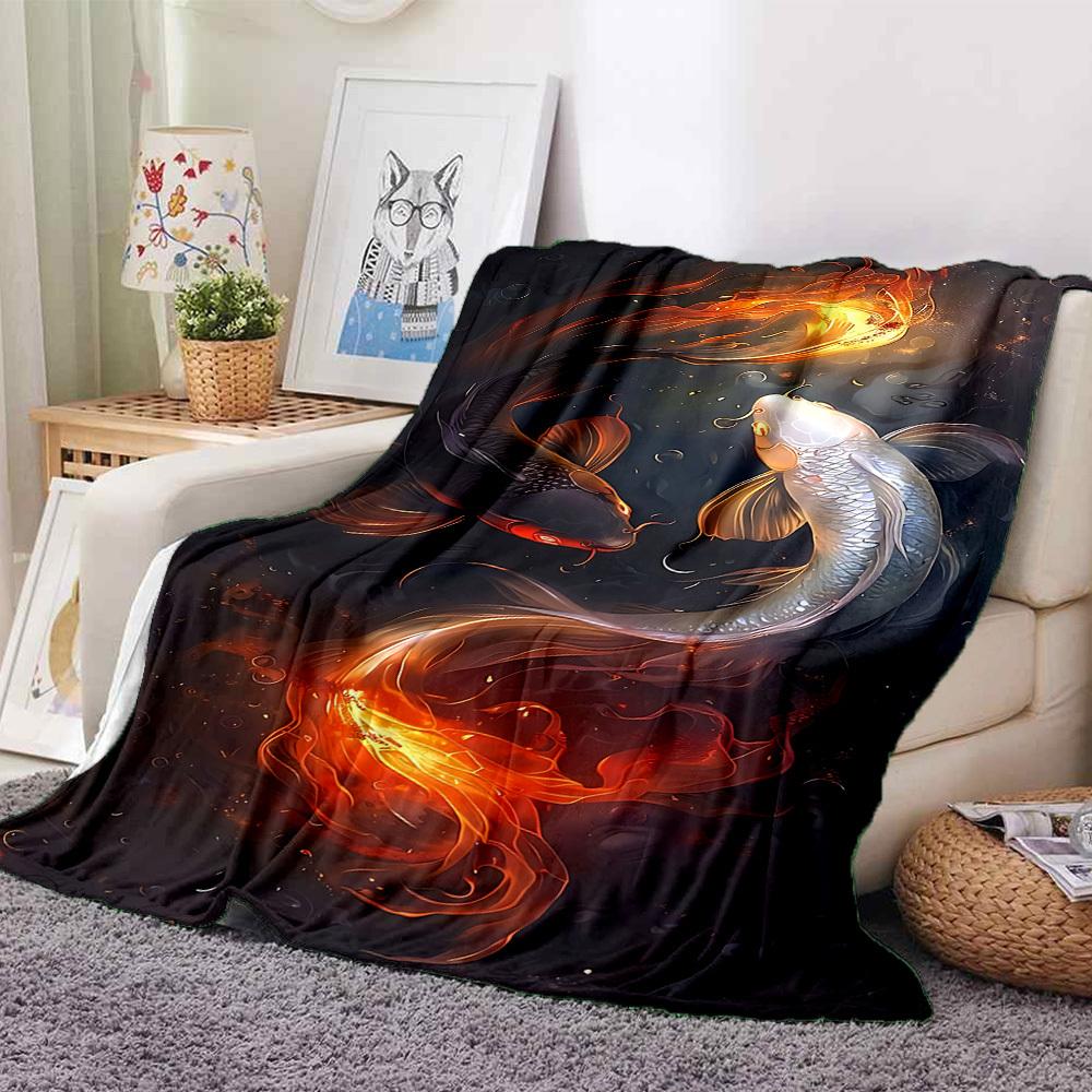 1pc Koi Fish Yin Yang Blanket, Lightweight Flannel Throw For Sofa, Bed, Travel, Camping, Livingroom, Office, Couch, Chair