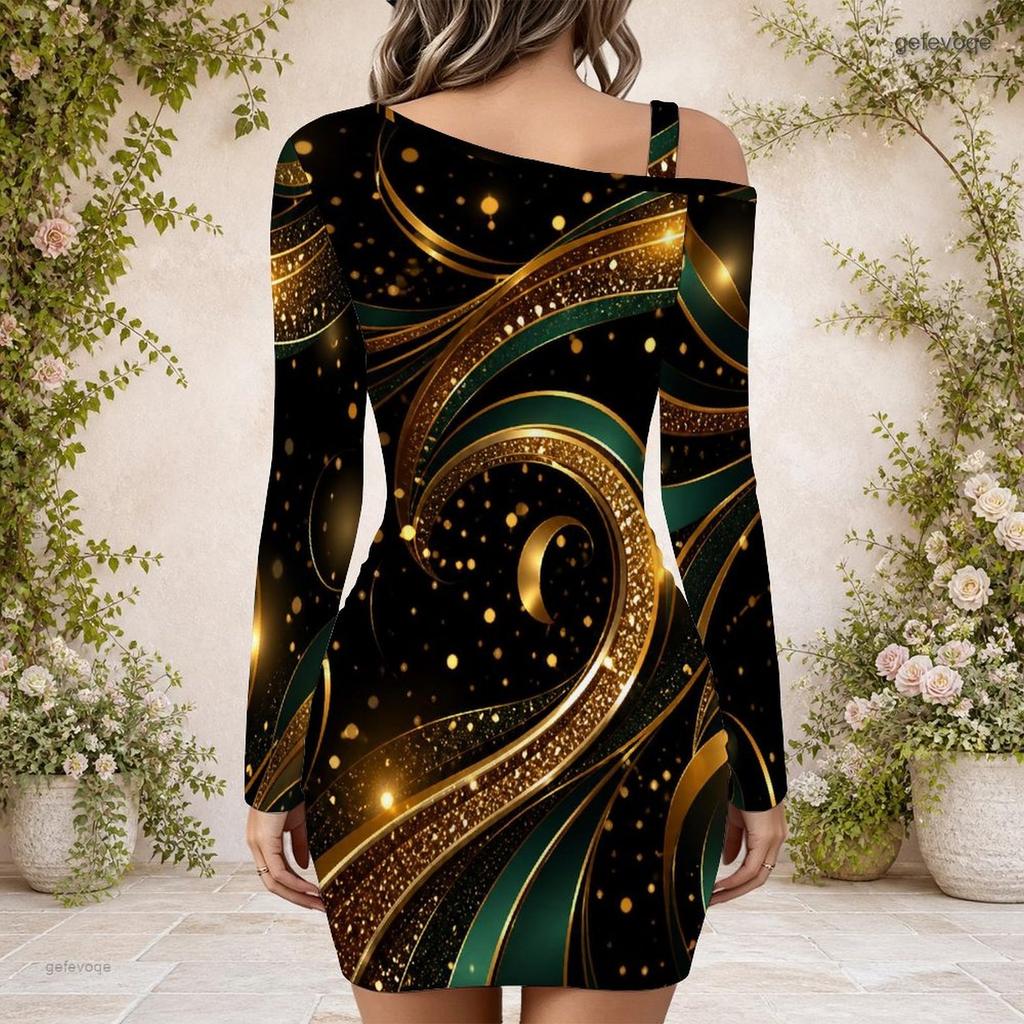 Women Plus Size One Shoulder Long Sleeve Printed Bodycon Mini Dress Black Blue Green