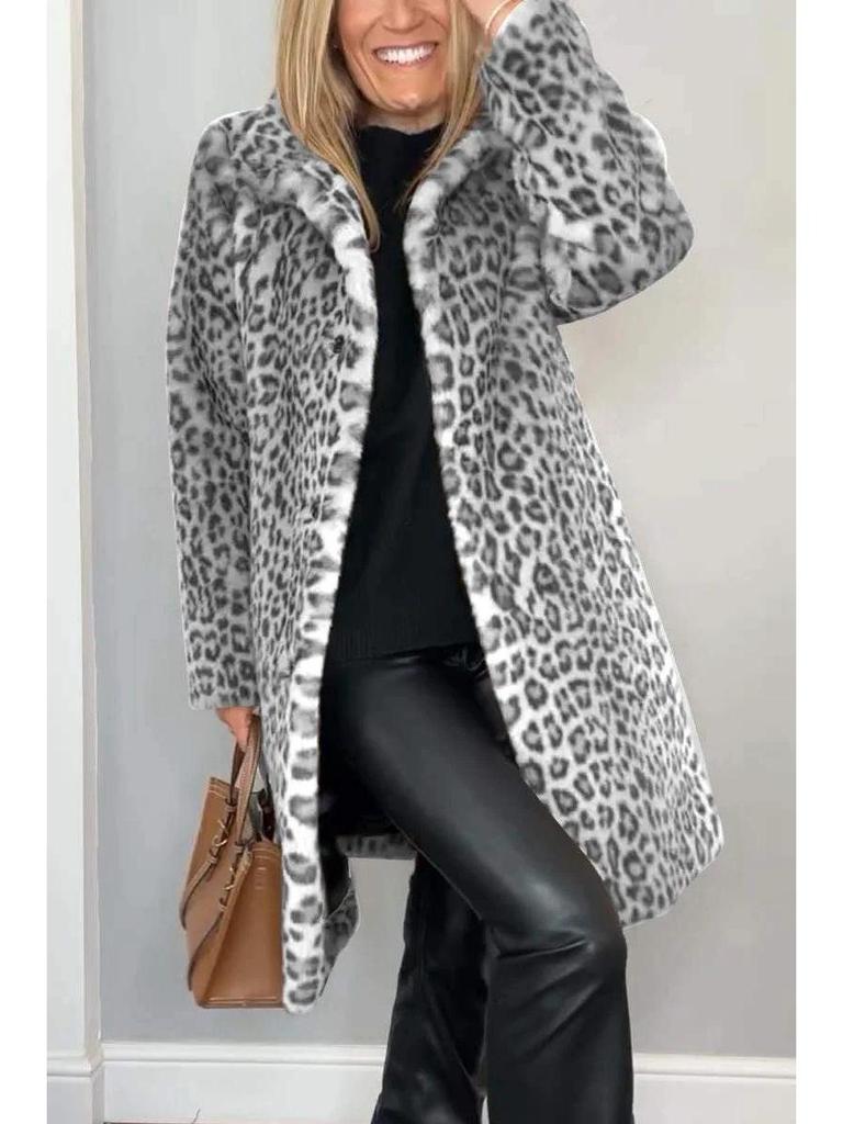 Зимняя женская мода 2024 года Пальто из искусственного меха с леопардовым принтом и лацканами