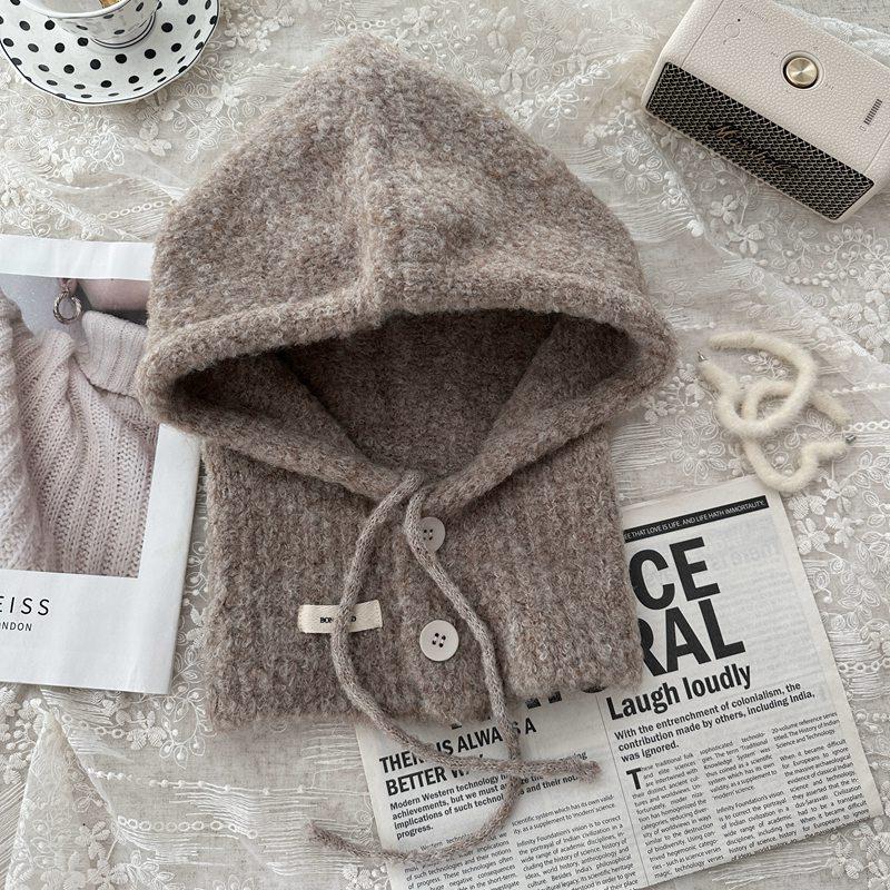 Женская корейская шерстяная балаклава: Ветрозащитная, теплая вязаная шапка с ушами для осени и зимы