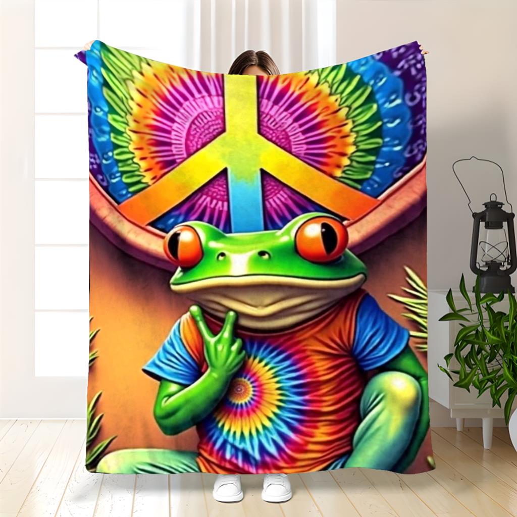 Frog and Sunflower Pattern Flannel printed blanket suitable for all seasons suitable for living room office sofa and travel