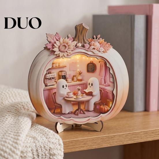 Wooden Ghost Sign for Autumn Halloween Pumpkin Plaque, 2D Flat Tabletop Sign, Desktop Festive Home Accessory Spooky Bathing Reading Ornament