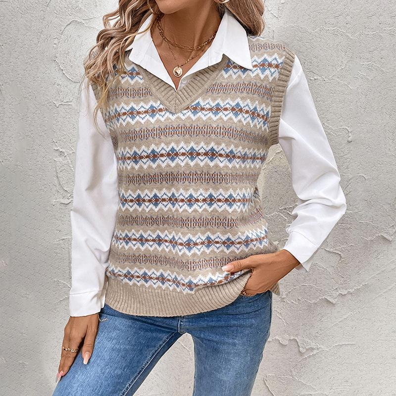 Women's Autumn Sleeveless Printed V-neck Top Ethnic Style Jacquard Knitted Keep Warm Vest