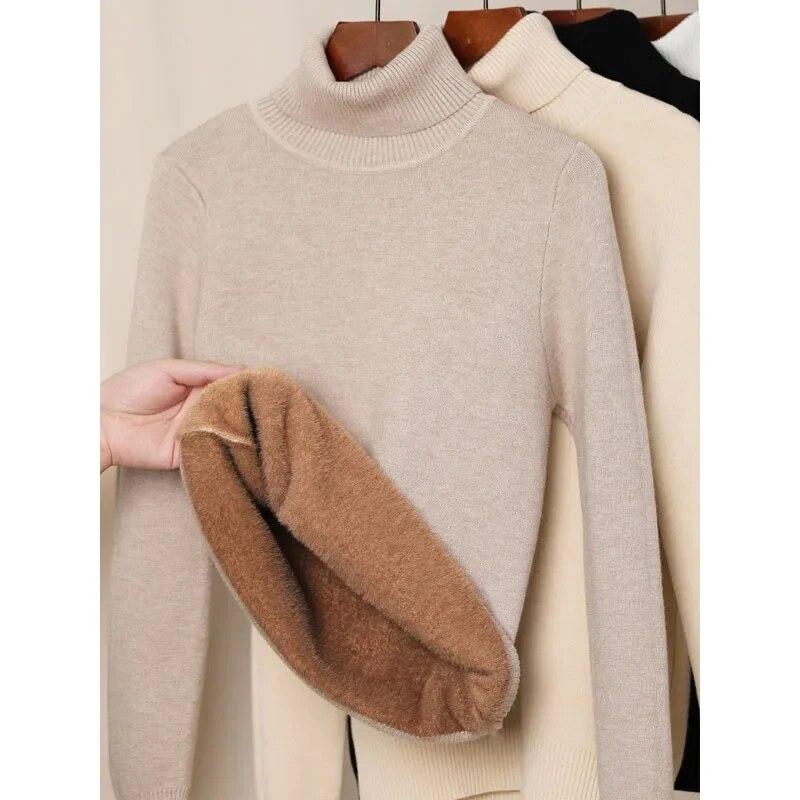 Зимний офисный женский бархатный вязаный теплый свитер, повседневный свободный однотонный свитер с длинными рукавами и высоким воротником, женские модные пуловеры 29555