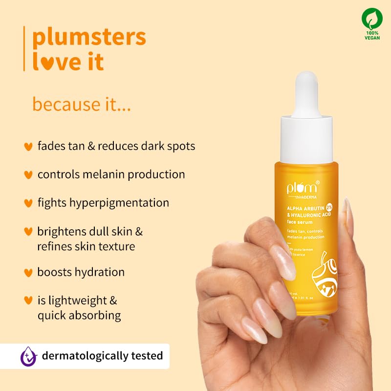 Plum 2% Alpha Arbutin & Hyaluronic Acid Face Serum 30 ml Pack | Brightens Skin | Fades Tan | Hydrating Serum