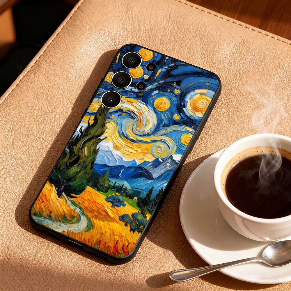 Чехол для телефона V-Van G-Gogh Звездная ночь Для Samsung S26,S25,24,23,22,30,21,10,9,Ultra,Plus,Lite,FE Мягкий черный чехол