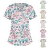 Plus Size Cute Printed Scrub Working Uniform Tops For Women  Cross V-Neck Short Sleeve Fun T-Shirts Workwear Tee with Double Pockets