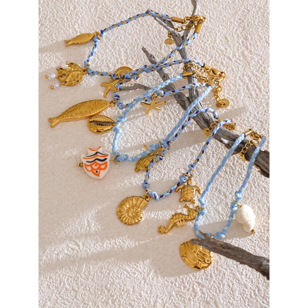 Yhpup Fashion Handmade Jewelry Rope Braided Starfish Shell Fish Drop Bracelet Bangle Oceanic Style Summer Daily Wear Jewelry