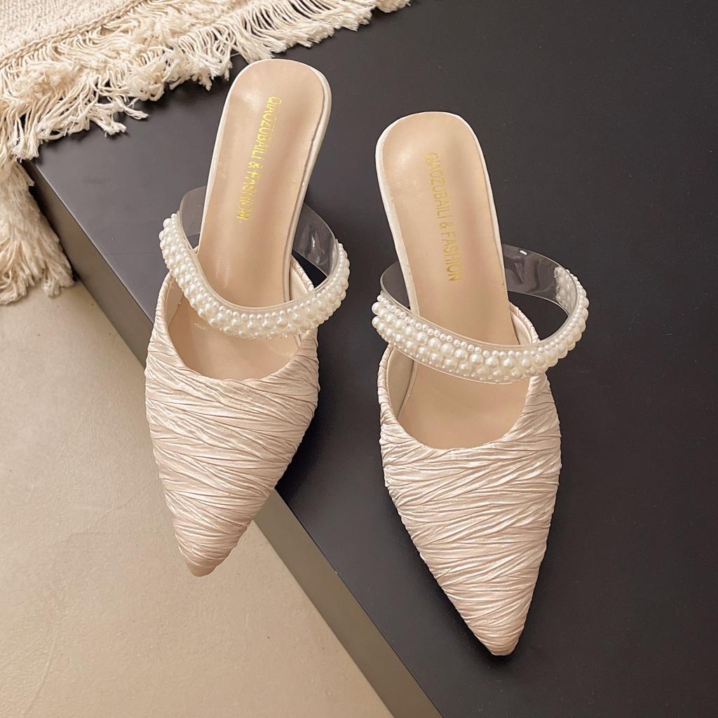 Baotou slippers women's summer wear 2025 pointed tip thin heel rhinestone soft leather comfortable high heel sandals half tray women's shoes