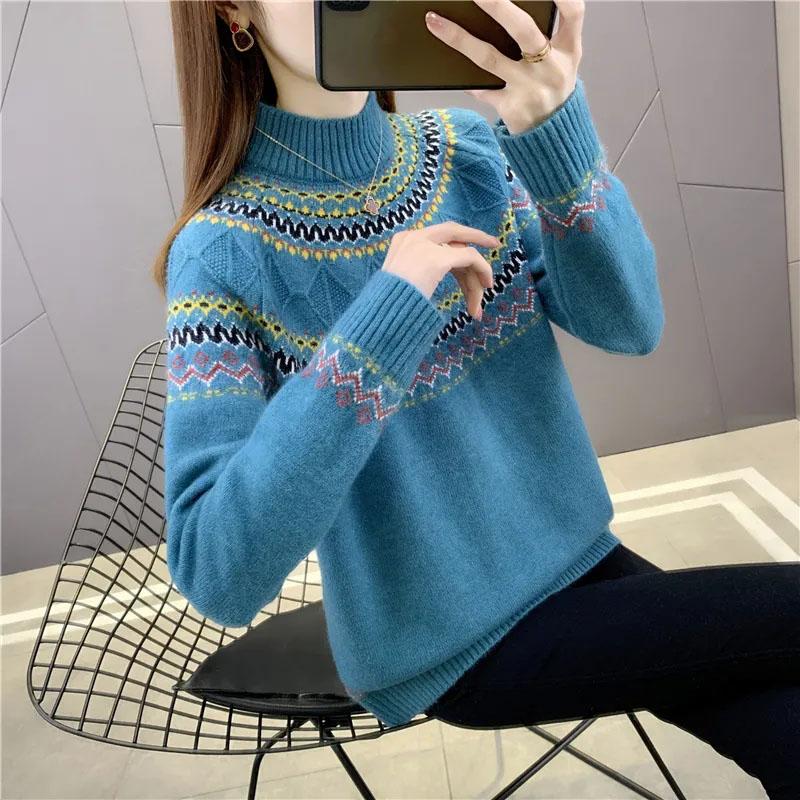 Свитер с высоким воротником, женский осенне-зимний комфорт и теплый принт внутри, повседневный универсальный эластичный пуловер, вязаный свитер, топы