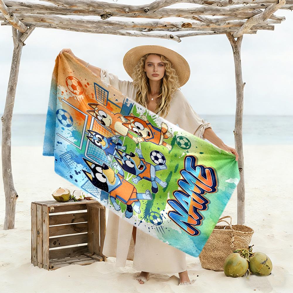 Bluey Soccer Fun Personalized Text Beach Towel Quick-Dry Soft Microfiber Suitable for Sports Travel Swimming Yoga Bathroom Beach And Pool