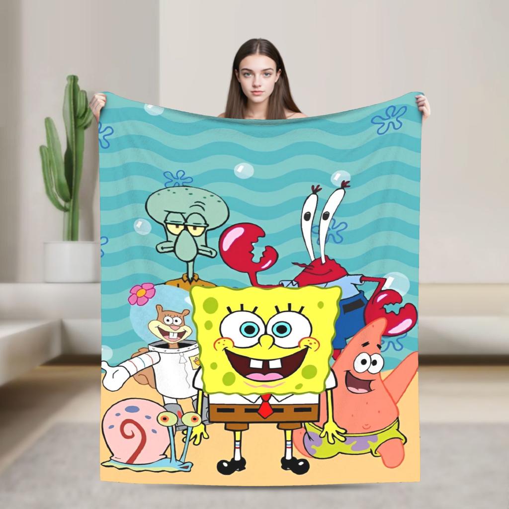 Cartoon Animated Blanket Cover SpongeBob SquarePants Fleece Throw Blankets Bedding Couch Portable Ultra-Soft Warm Bedspreads
