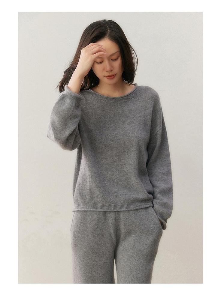 Women's Cashmere Rolled Hem Round Neck Sweater - 2025 Autumn/Winter Collection, Loose Fit and Slimming Pullover.