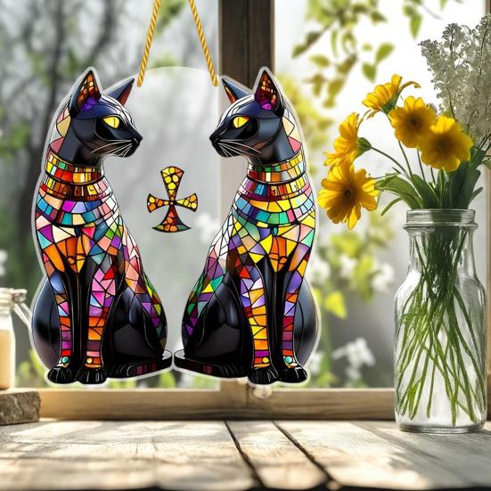 Black Cat Sun Catcher 2D Acrylic Hanging Decoration Stained Glass Style Multicolor Cat Decoration for Room Window Balcony