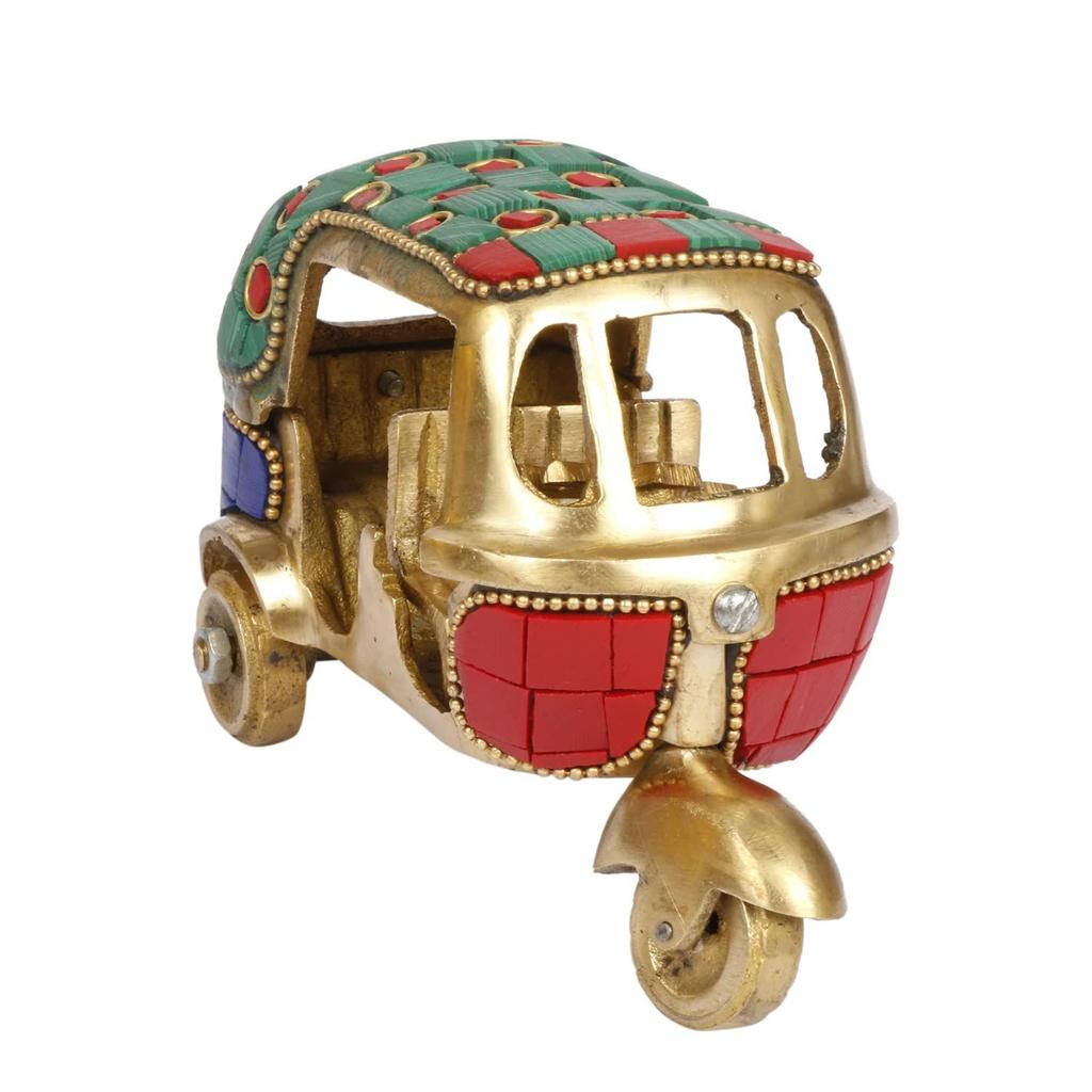 Brass Auto Rickshaw Multicolor Gemstone Handwork Statue Home Decor Fantasy Showpiece Gift.,7.6 X 6.4 Cm