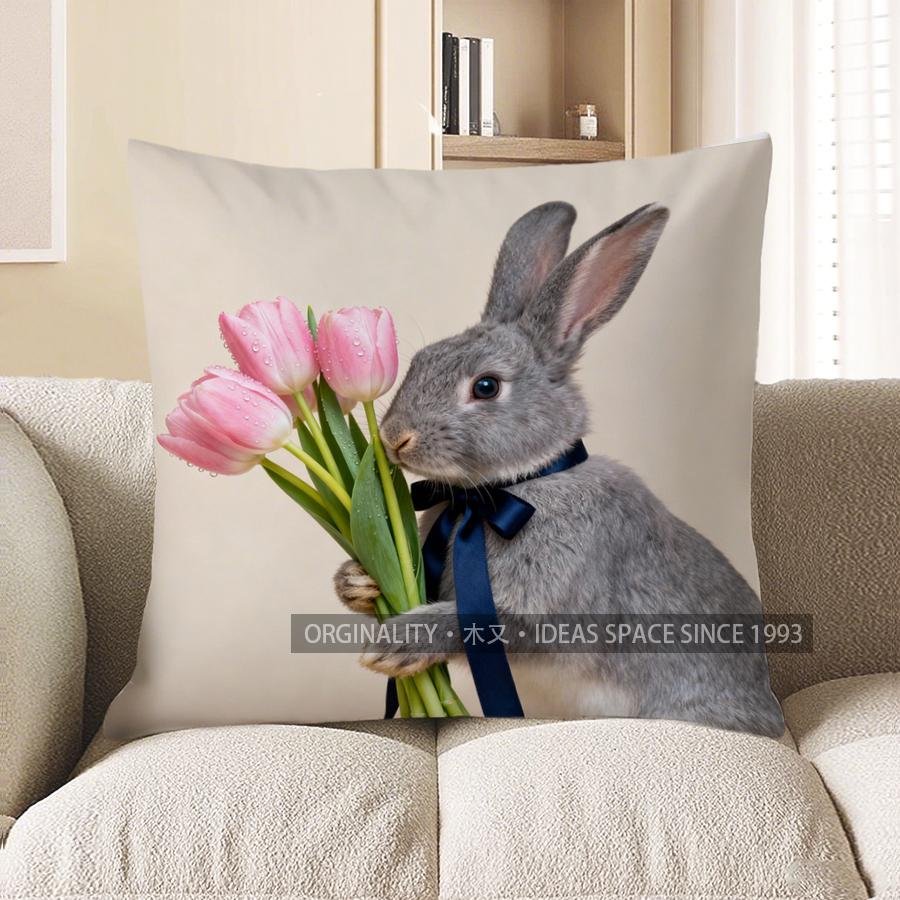 2D Серый кролик с розовыми тюльпанами Наволочка Чехол для подушки Подходит для дивана Спальни Автомобиля