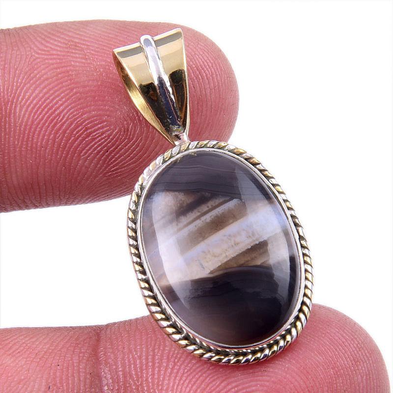 Natural Botswana Agate Gemstone 925 Solid Silver Two Tone Pendant 1.50'' c2Z87