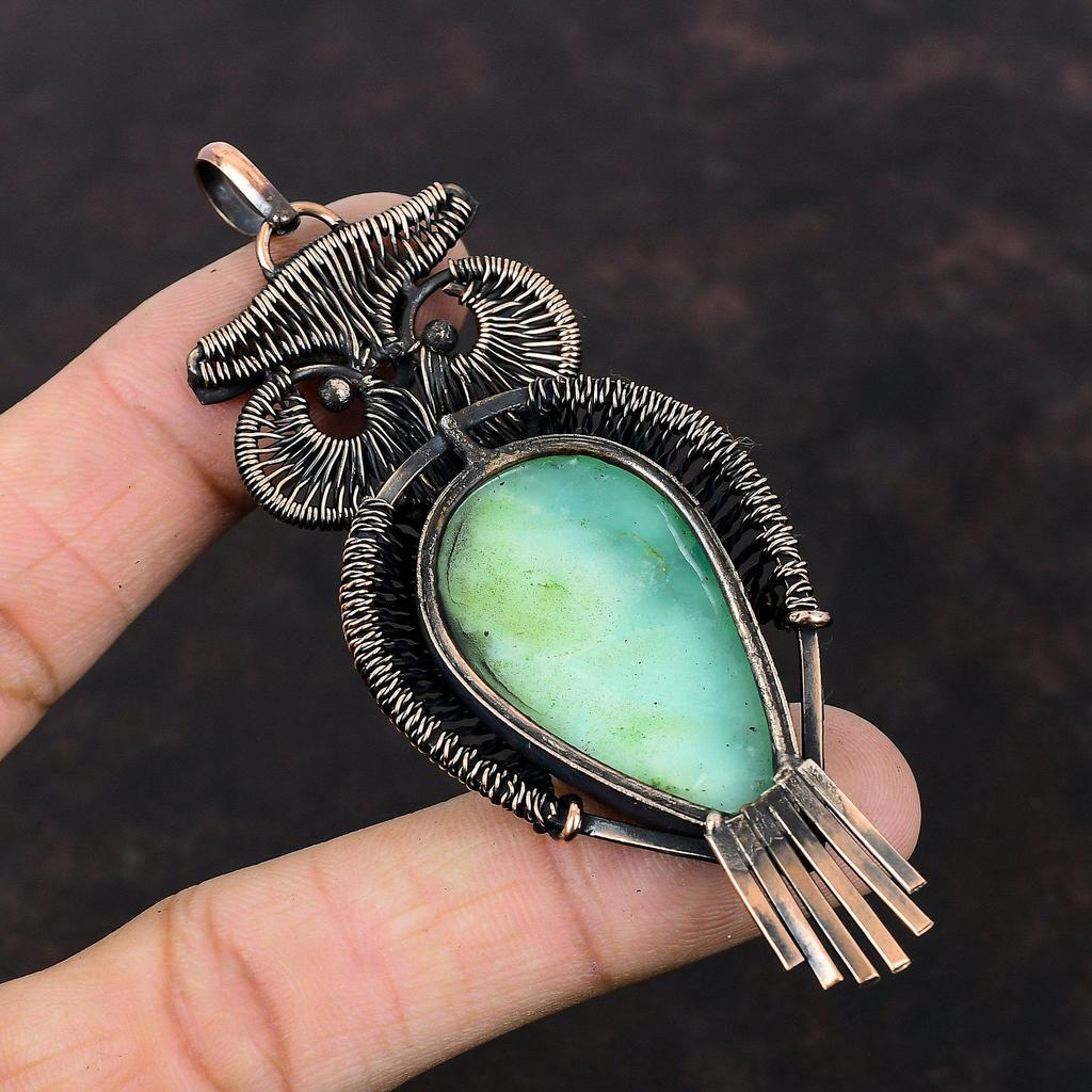 Кулон с хризопразом, медная проволока, кулон, драгоценный камень, кулон в виде совы, медная подвеска ручной работы, дизайнерский кулон, ювелирный подарок для него