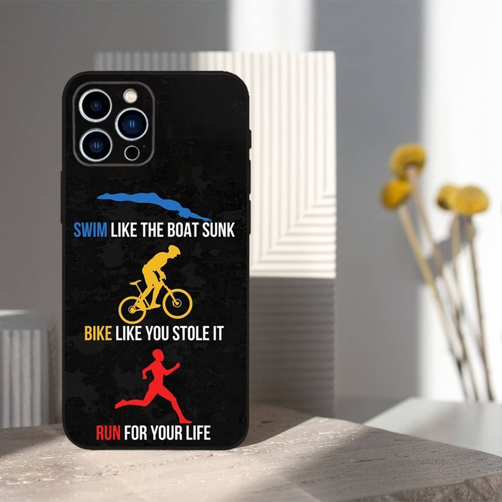 Triathlon Swim Bike Run For iPhone 12,14,13,15,16,11,17,X,Mini,XR,SE,XS,Plus,Pro,Max,8,7,Soft Silicone Black Case