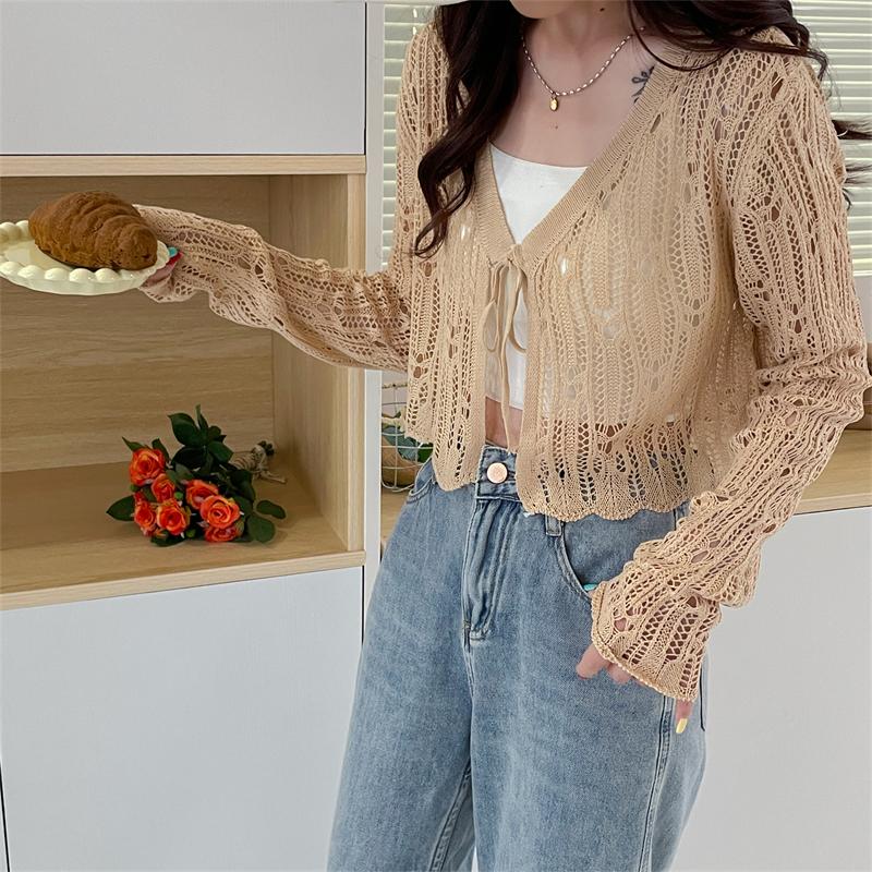Summer Women's Knitted Shawl Sweaters Lady Hollow Out Tie Up Air-conditioned Shirt Mesh Thin See Through Look Long Sleeve Loose Tops Sunscreen Shirt