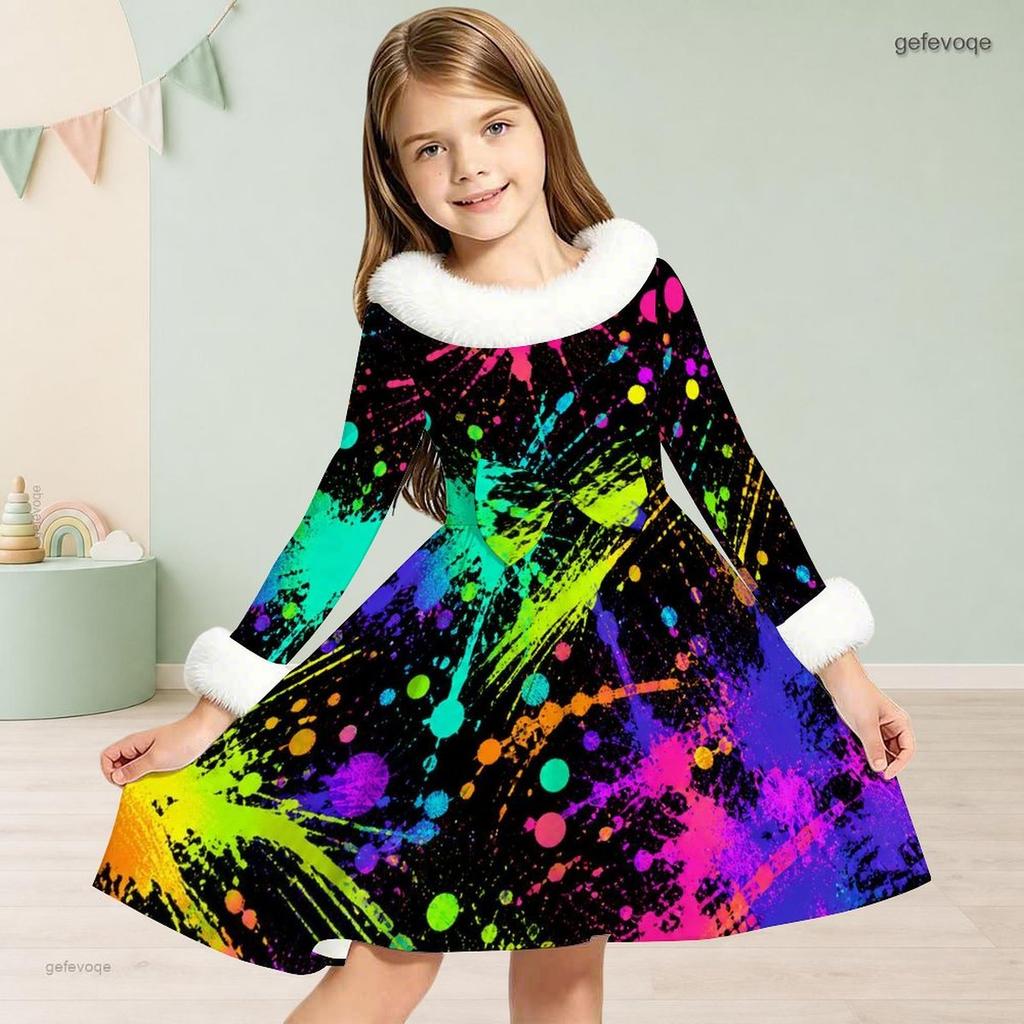 Girls Furry Trim Long Sleeve Printed A Line Flared Dress