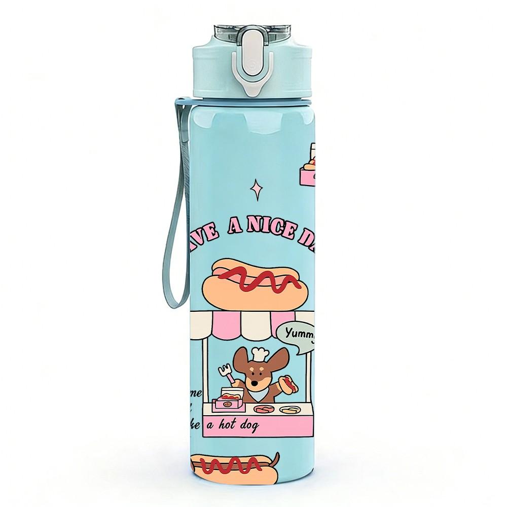 1PC Bear Cake Dessert Retro Print 750ml Color Plastic Sports Water Bottle Leakproof Flip Straw Lid Suitable for Sports Office Home Use