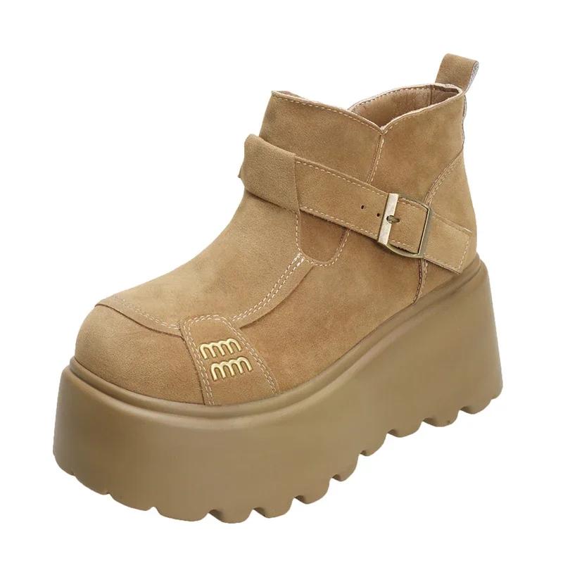 Ботильоны женские на платформе из меха, замшевые туфли на плоской подошве, модная женская обувь 2025 года, трендовая зимняя дизайнерская обувь для ходьбы, теплая повседневная женская обувь для снега