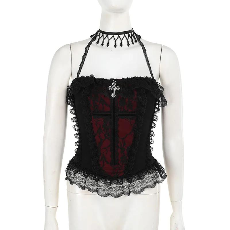 AltGoth Gothic Hotsweet Camisole Женская винтажная эстетика Y2k E-girl Hipster Кружевная Лоскутная Холтер Укороченная майка Косплей Одежда