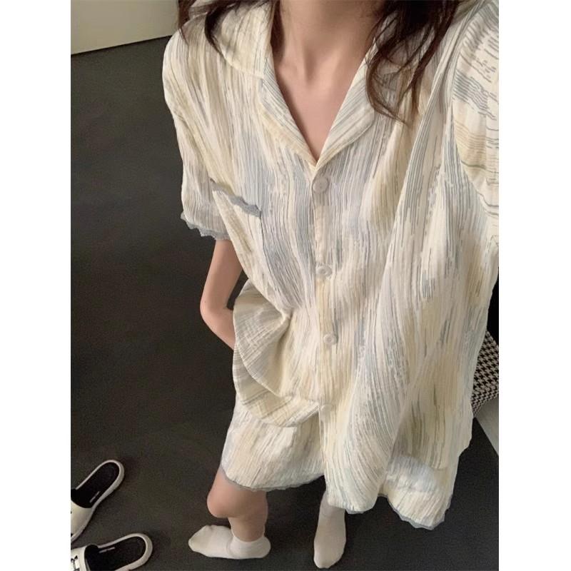 Пижама с цветочным принтом, женский пижамный комплект, корейская летняя пижама из 2 предметов, милая домашняя одежда для студентов