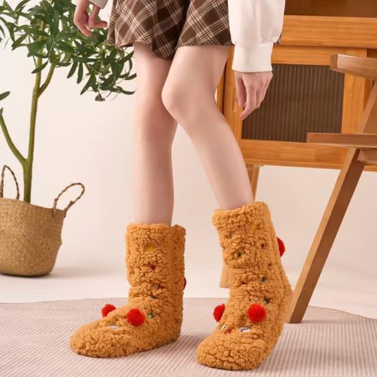 1 Pair Women Socks Cartoon Pattern Thickened Warm Knitting Socks Non-Slip Plush Pilling Resistant Floor Socks