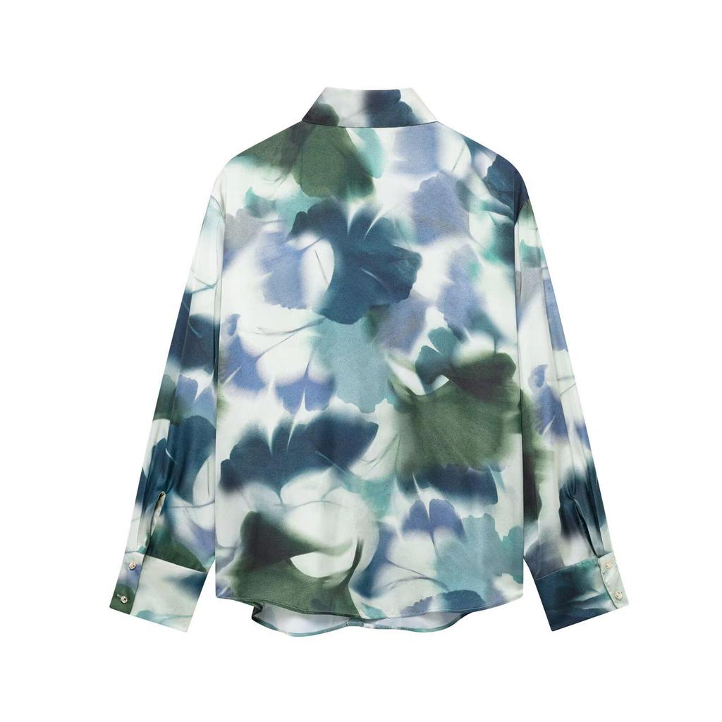 Spring 2025 Women's Fashion Silk Satin Turn-Down Collar Long-Sleeve Printed Shirt