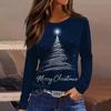 Женская модная повседневная футболка с разрезом по низу, круглым вырезом, длинными рукавами, свободного кроя, с рождественским принтом, женский топ