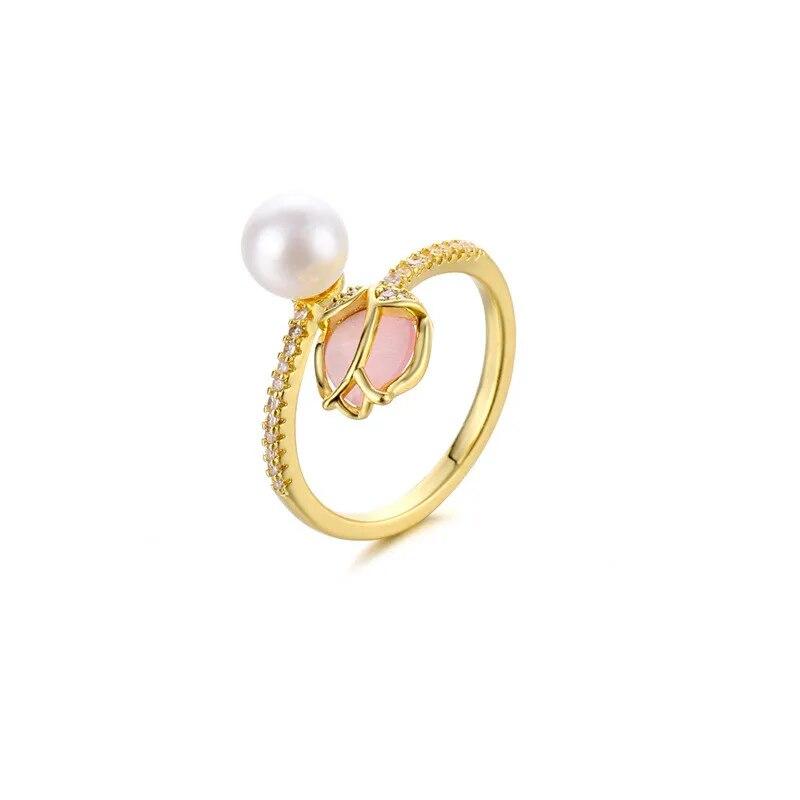 Модное кольцо с жемчугом и кристаллами тюльпана и розы для женщин, модные креативные кольца с опалом и цирконом на палец, вечерние свадебные украшения, подарки