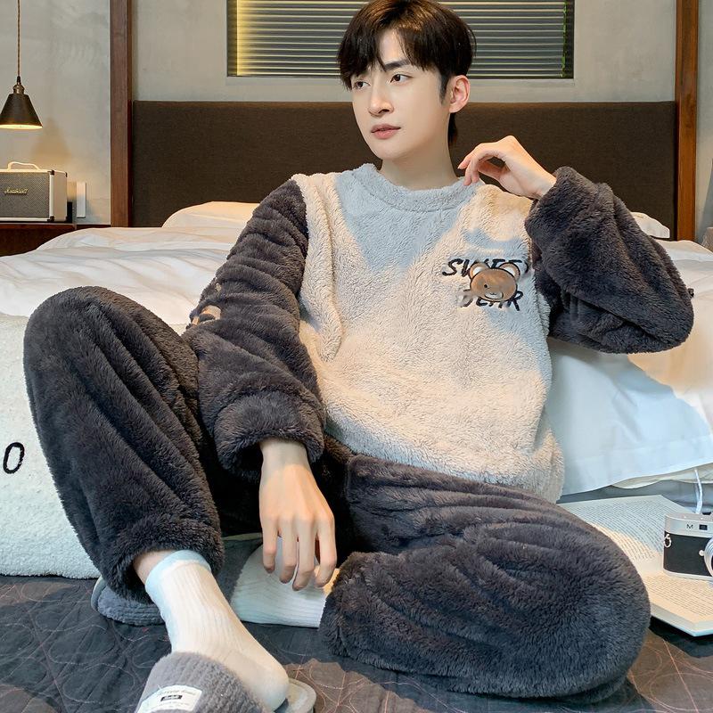 Мужской фланелевый пижамный комплект Smiley Face - утолщенный коралловый флис для осени/зимы