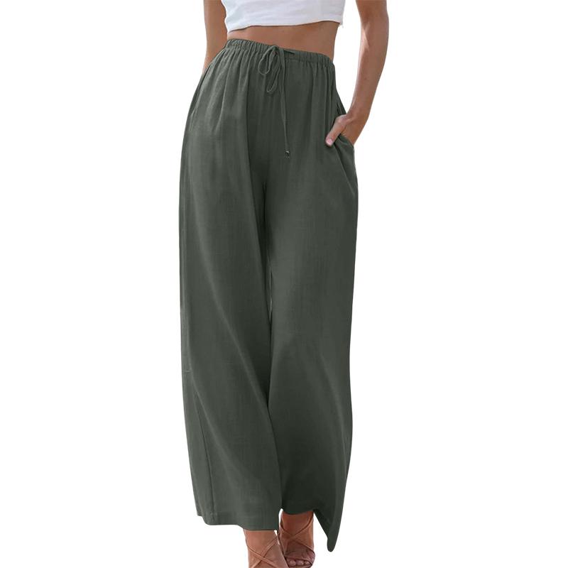 Женские элегантные хлопковые льняные однотонные свободные брюки с широкими штанинами на шнуровке Брюки с эластичной резинкой на талии