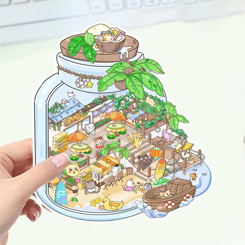 Cartoon Landscape Stickers Multiple Miniature World 3D Hut Unzip DIY Scene Manual Post