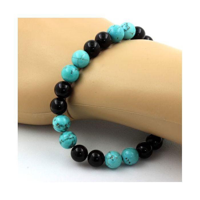 Stones and Minerals. Turquoise Pearl Bracelet + Black Agate 8 Mm. Made In France.