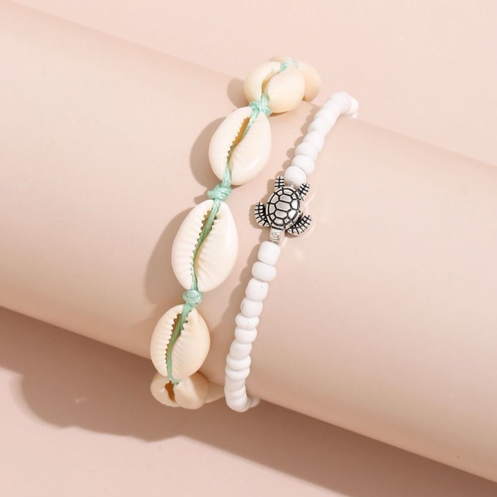 2PCS Shell Rice Beads Anklets Set Braided Rope Fashion Girl