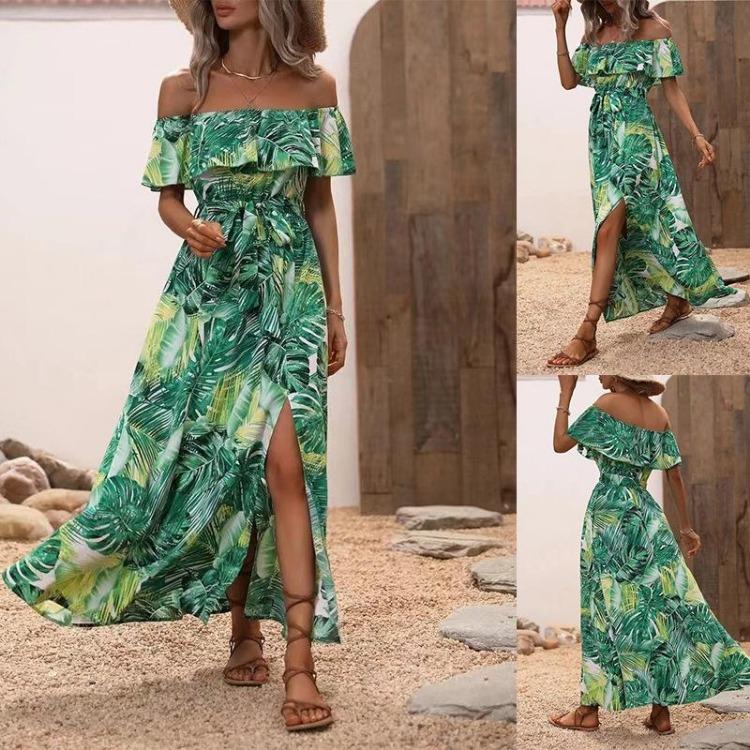Women Summer Casual One Shoulder Sleeveless Flower Print Dress High Waist A-Line Belt Slit Ankle-Length Collar Dresses Spring