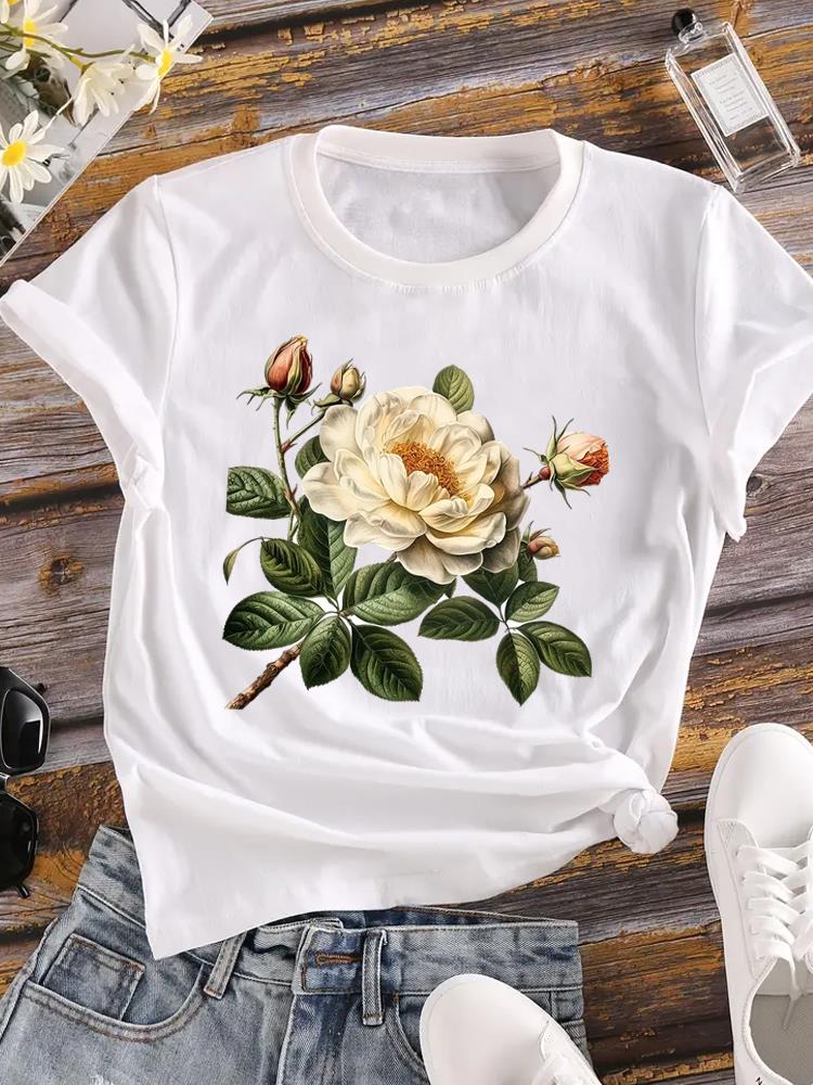 (Азиатский размер) Одежда Повседневная Цветочная Милая Растительная Тенденция Модная Футболка С Коротким Рукавом Женская Футболка С Принтом Женская Графическая Футболка