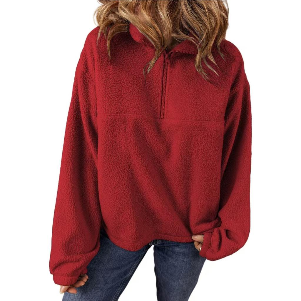 Женская мода повседневная свободная однотонная плюшевая кофта с длинным рукавом и застежкой-молнией на половину шеи