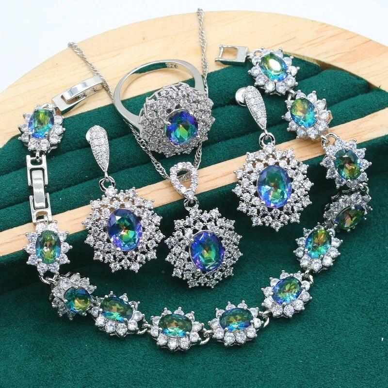 Отличительные комплекты ювелирных изделий из серебра 925 пробы для женщин, свадебный браслет с радужным синим цирконием, серьги, ожерелье, кулон, кольцо, подарок на свидание