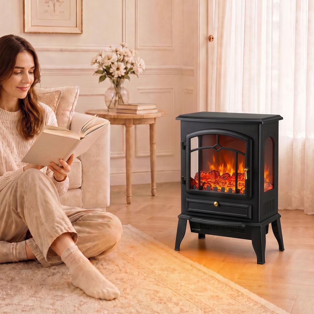Electric Fireplace Stove, 1000/2000W 3-Sided Freestanding Fireplace Heater with 3D Flame Log, Thermostat, Black