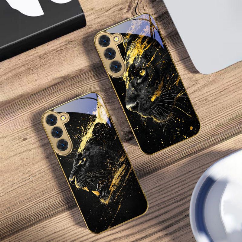 Черная Пантера рычит для Samsung Galaxy S26 S20 FE S21 S22 S23Plus S24 Ultra 25Ultra S21+ S9 S22 S8 S23 Золотой стеклянный чехол для телефона
