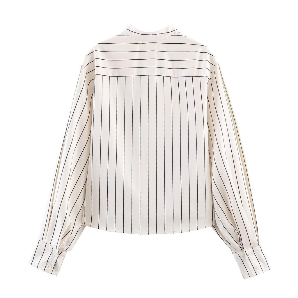 European and American style, new women's clothing, foreign style, striped fluffy sleeve shirt, striped pleated pants.