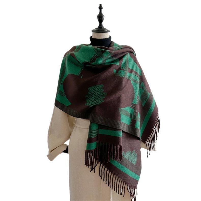 2024 Autumn/Winter New Color Blocked Imitation Cashmere Women'S Tassel Shawl Thickened Warm Double Sided Jacquard Wool Scarf