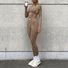 American Fashion Hotsweet Sports Style Yoga Suit Solid Color Thumb Button Slim Crop Shirt + High Waist Plastic Sports Pants Outdoors Outfies Sets