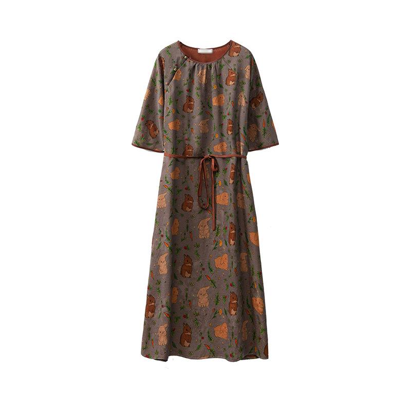 Xiangyunsha National Style Jacquard Dress: Mulberry Silk Red Cloud Gauze with Tie Waist.