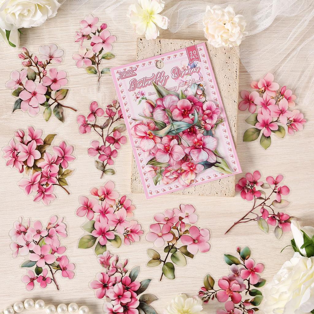 20pcs Pink Floral Stickers - Romantic Flower Decals for Journal & Scrapbooking